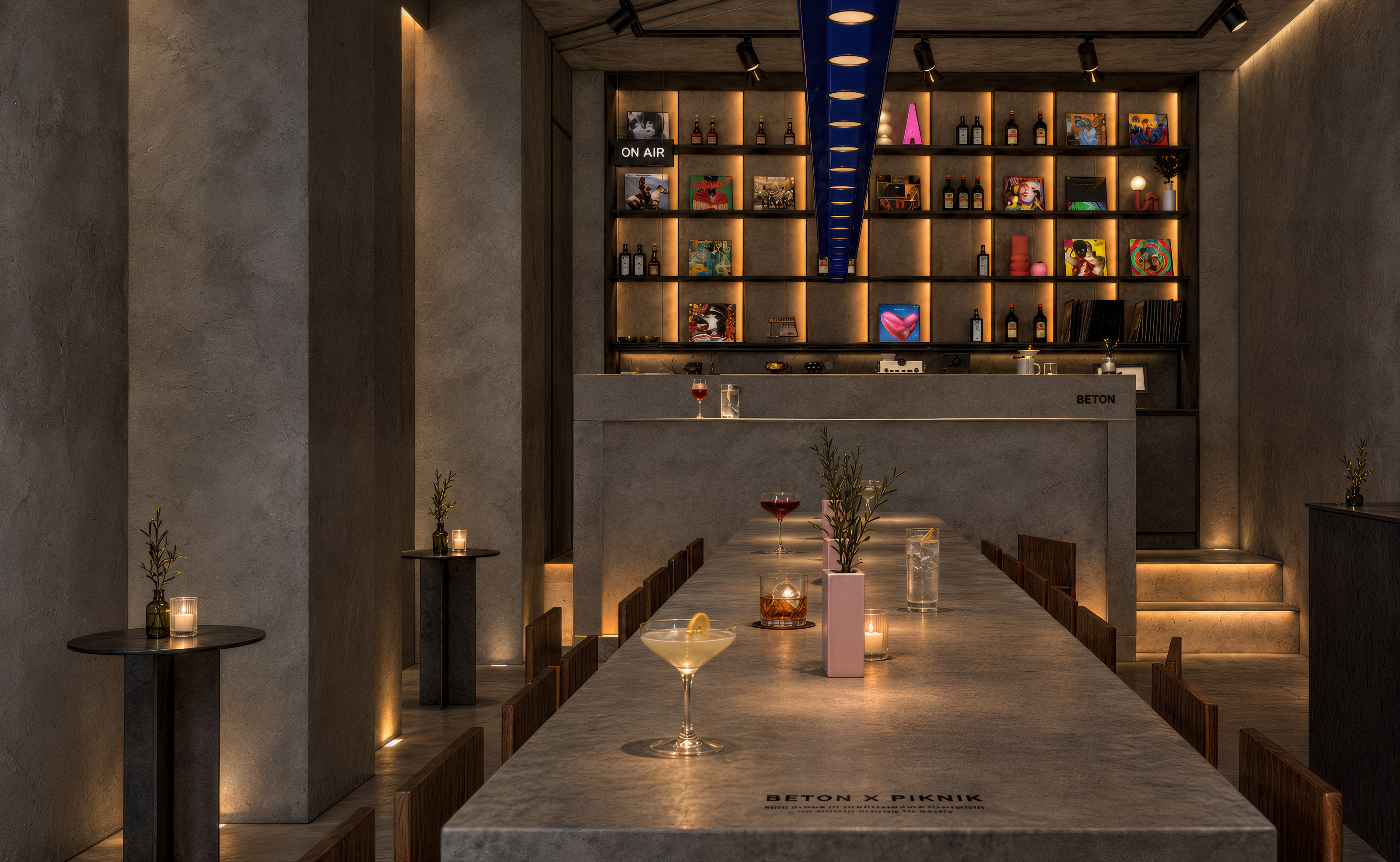 Beton Vienna — Communal table and illuminated bar display