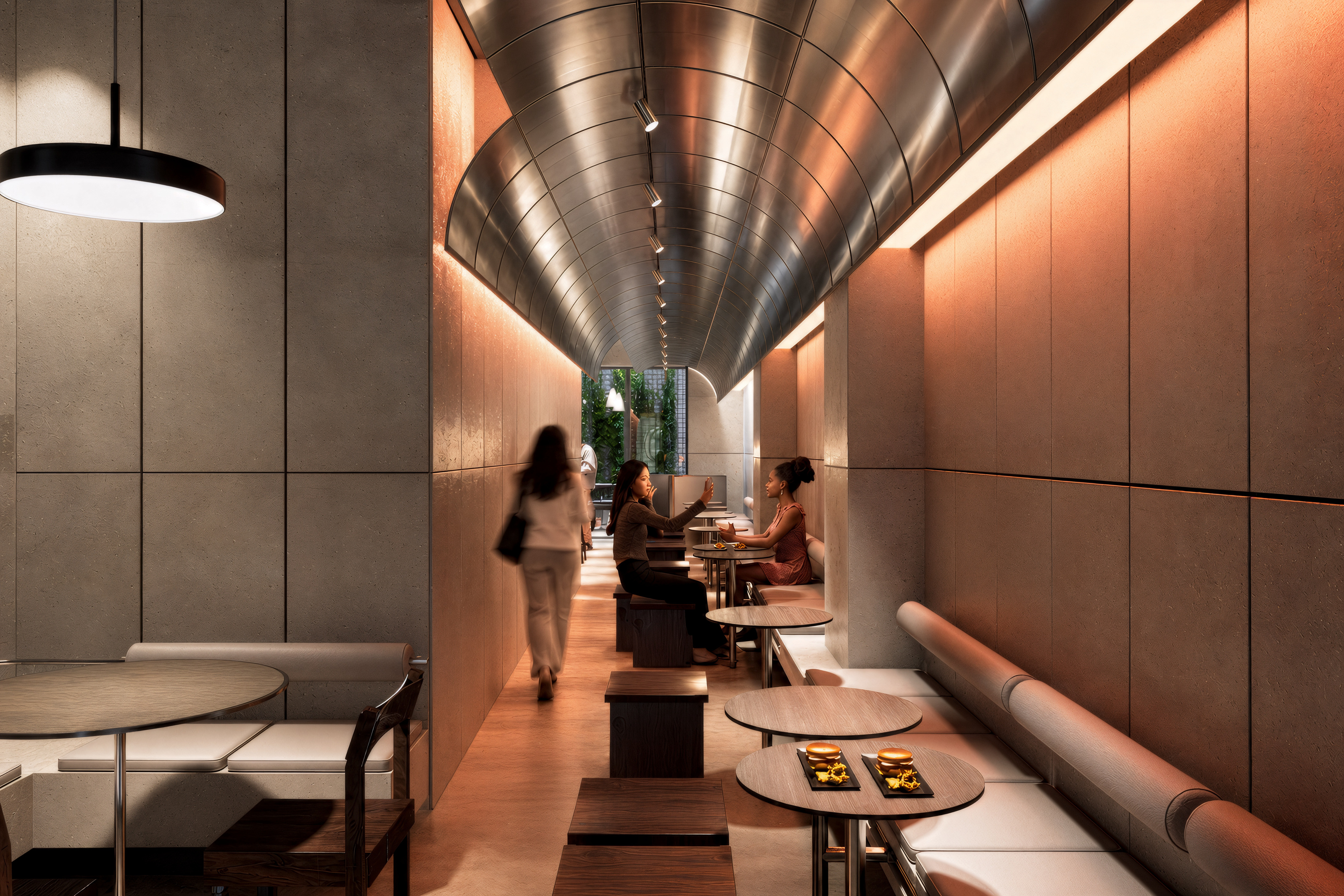 Bager Nişantaşı — Linear dining space and metal ceiling